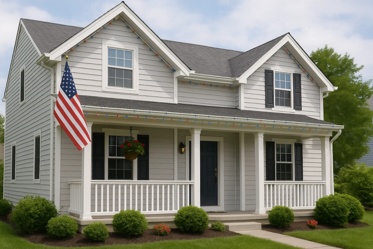 New Jersey home with fresh siding and patriotic Fourth of July decorations