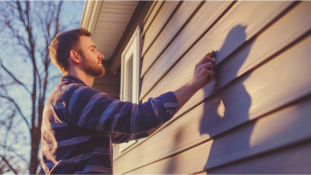 Man inspects siding of residential house