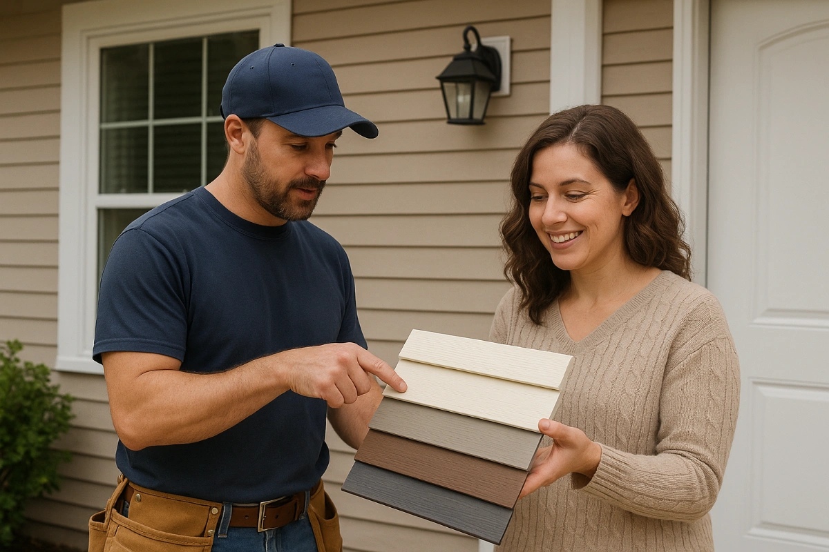 Homeowner choosing siding materials with local NJ contractor