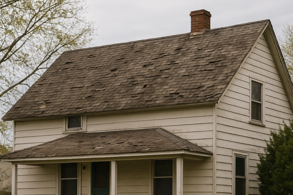 Aging asphalt shingle roof on a suburban New Jersey home, showing signs of wear and tear that may affect insurance coverage