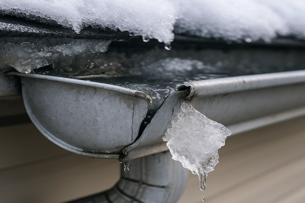 Damaged residential gutter after a New Jersey winter storm