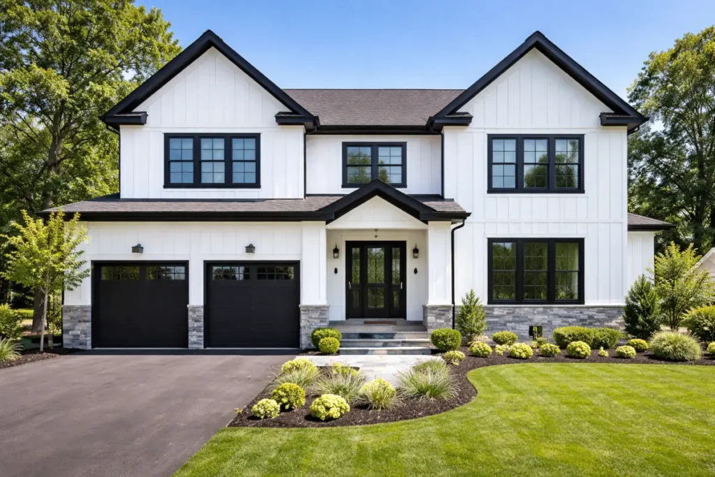 White siding home with black window trim in New Jersey