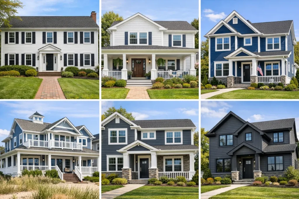 White vinyl siding on New Jersey colonial home with black shutters, Classic white siding exterior on Morris County home with front porch, Navy blue vinyl siding on New Jersey home with white trim, Slate blue siding exterior with coastal style design in NJ, Dark gray vinyl siding on modern New Jersey home with white trim, Charcoal siding exterior with black windows in NJ suburban home