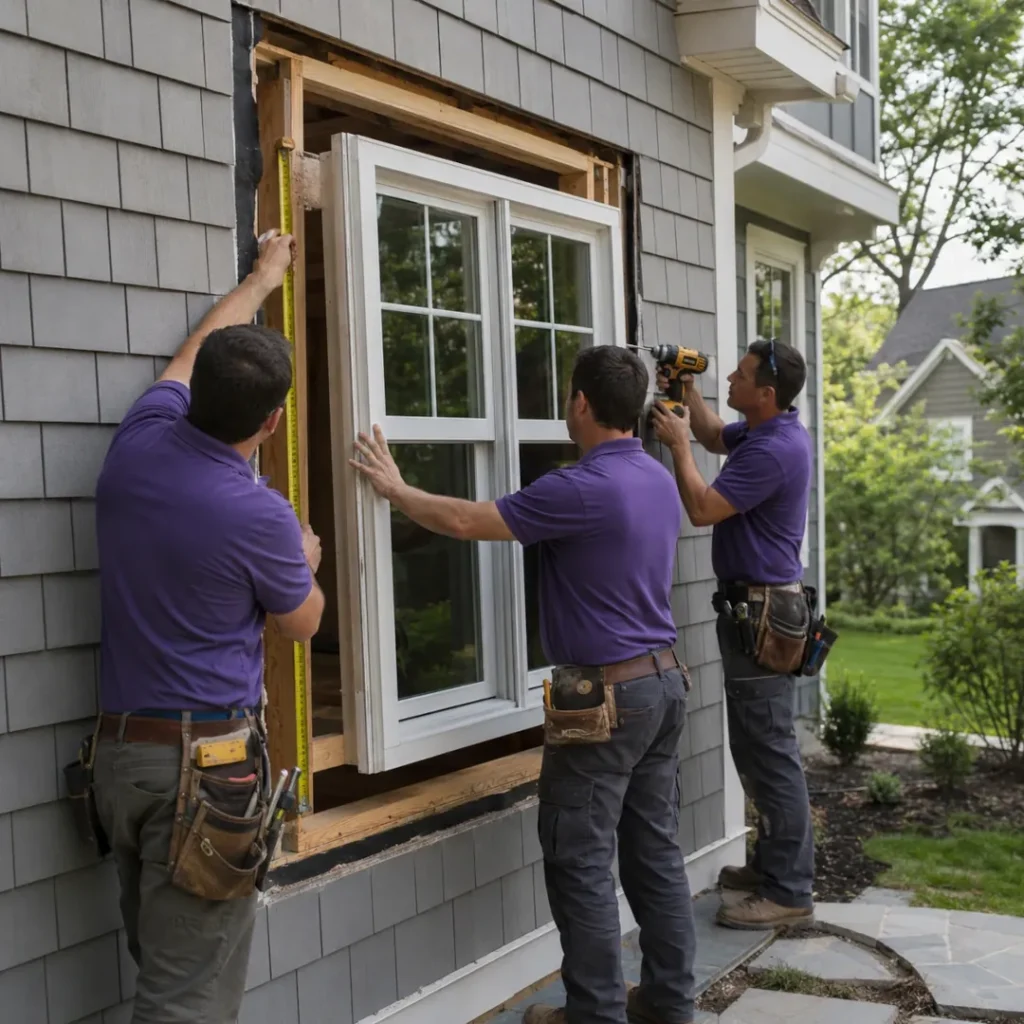Professional crew installing new construction window with precise measurements in Morris County NJ