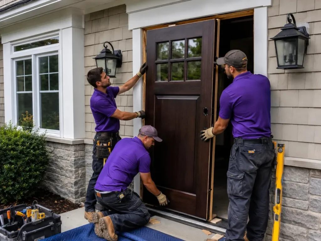 Professional door installation crew installing exterior entry door in Morris County NJ