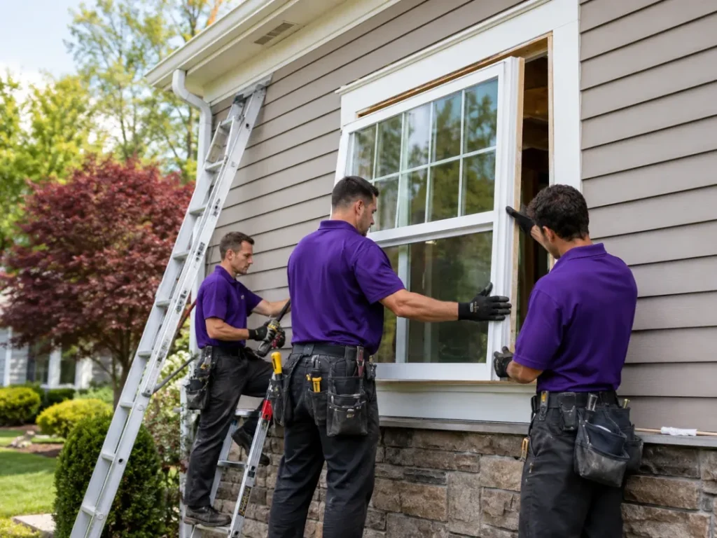 Professional window installation crew working on residential home in Morris County NJ