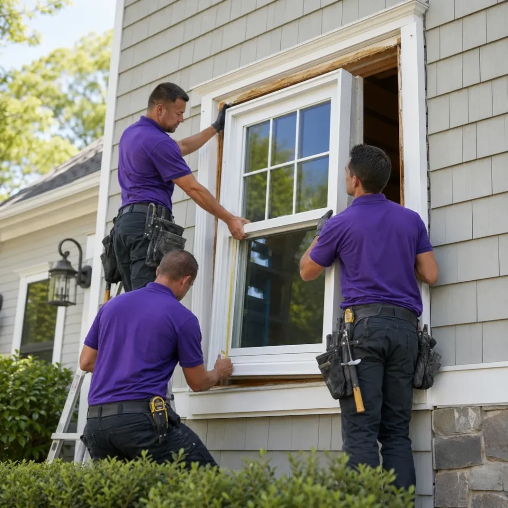 Professional replacement window installation removing old window and installing new energy efficient window in Morris County NJ