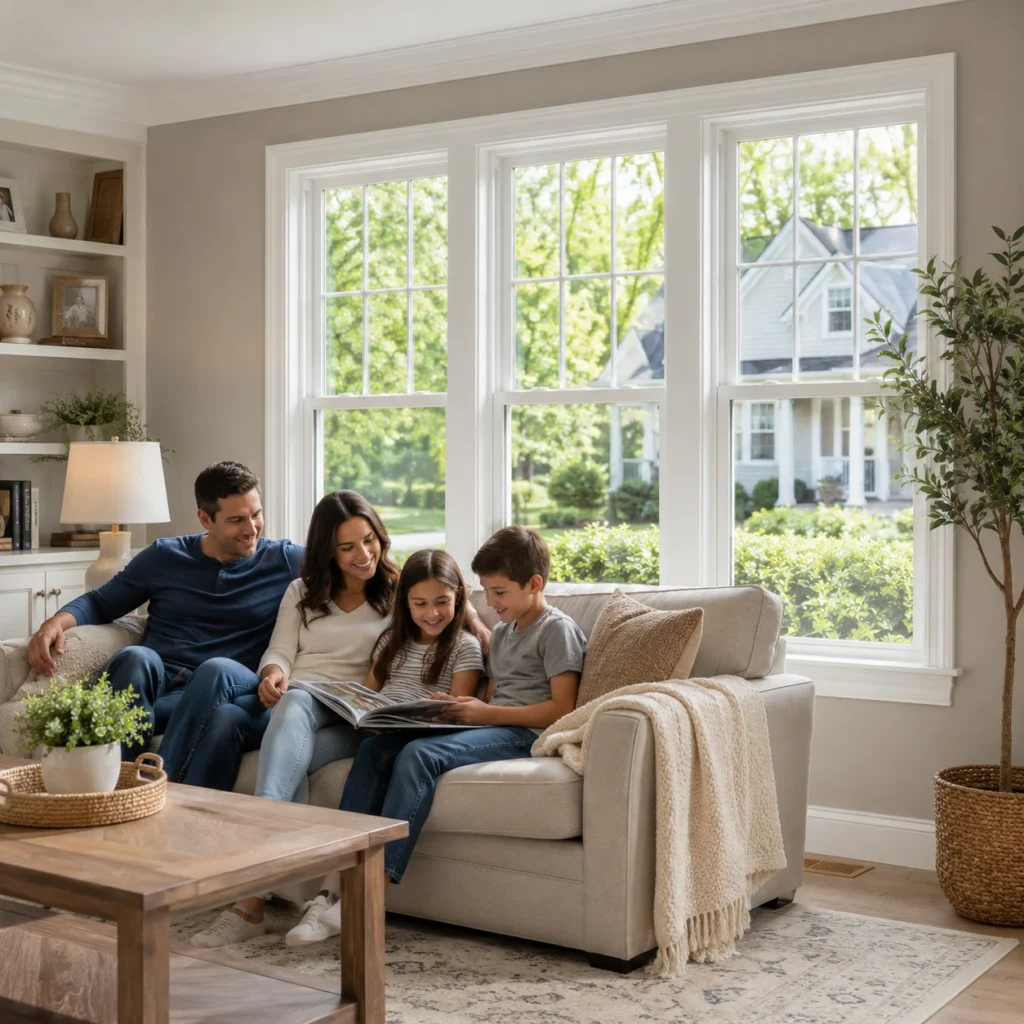 Interior view of replacement windows providing natural light and improved energy efficiency