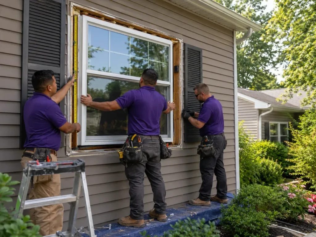 Professional window installation crew replacing residential window with precise measurements in Morris County NJ