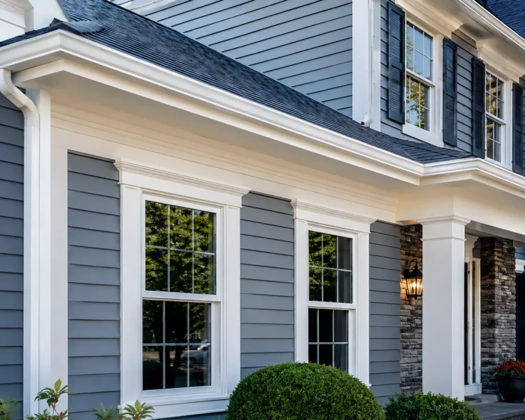 AZEK exterior trim installed on New Jersey home with vinyl siding and decorative molding