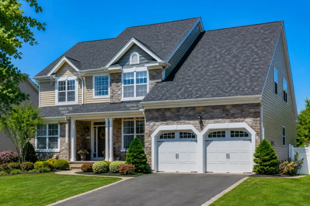 New Jersey home with newly installed architectural shingle roof during peak roofing season