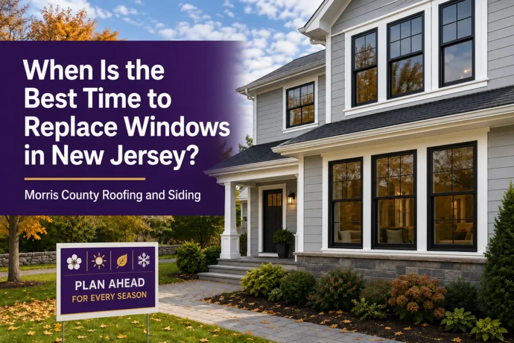 New Jersey home with replacement windows and seasonal planning graphic for best time to replace windows