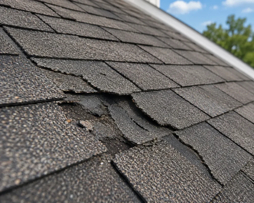 Close-up of damaged asphalt roof shingles on a Morris County NJ home