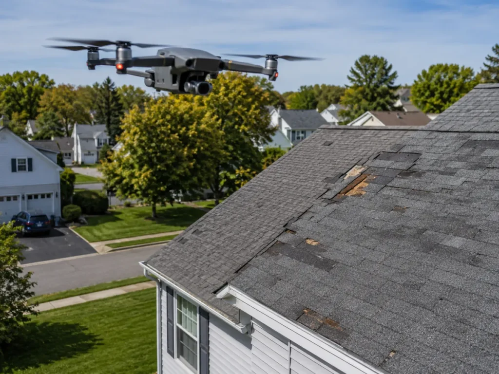 Drone capturing roof damage on residential asphalt shingles in Morris County NJ
