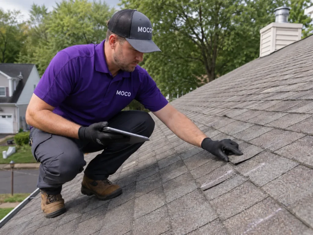 MOCO roofing technician inspecting slightly damaged asphalt shingles on a Morris County NJ home